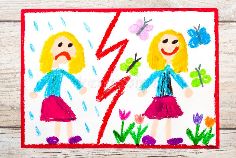 Desenho Opostos: menina triste e feliz ilustração stock Desenho Opostos: menina triste e feliz ilustração stock