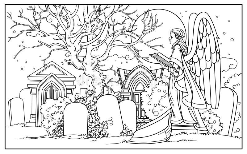 Desenho Para Coloração De Cemitério Com Túmulos E Uma Estátua De Anjo Com  Livro Ilustração Stock - Ilustração de silêncio, horror: 192221467