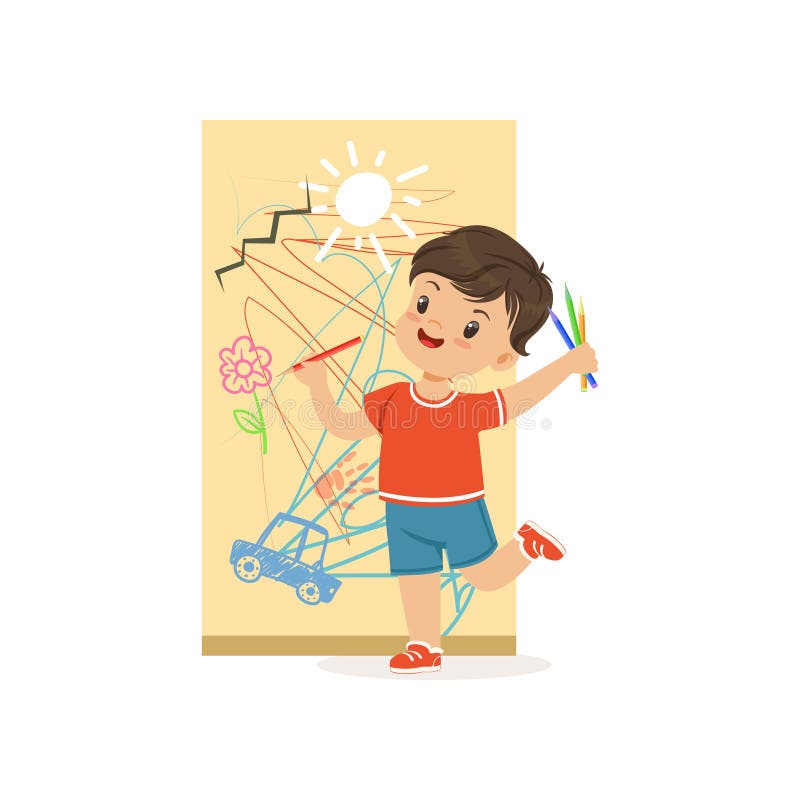 Desenho pequeno bonito na parede, criança alegre do menino da intimidação das gorilas, ilustração má do vetor do comportamento da ilustração do vetor Desenho pequeno bonito na parede, criança alegre do menino da intimidação das gorilas, ilustração má do vetor do comportamento da ilustração do vetor