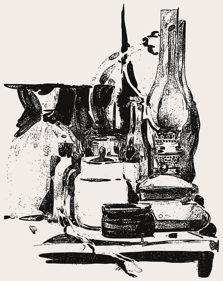 Desenho vetorial da vida tranquila com lâmpada de querosene antiga e utensílios de cozinha ilustração stock