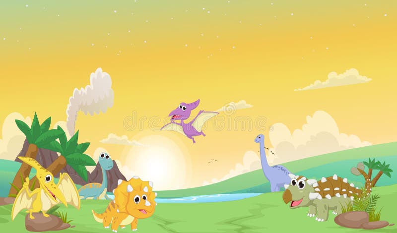 Desenhos animados bonitos dos dinossauros com paisagem pré-histórica ilustração stock Desenhos animados bonitos dos dinossauros com paisagem pré-histórica ilustração stock