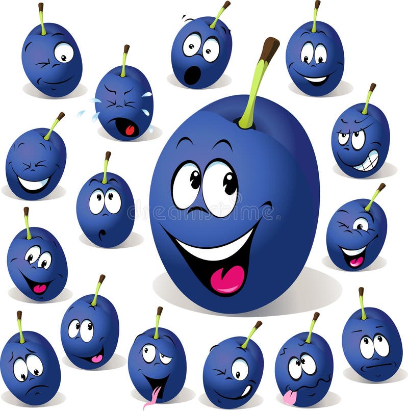 Desenhos animados da ameixa com muitas expressões faciais ilustração royalty free Desenhos animados da ameixa com muitas expressões faciais ilustração royalty free