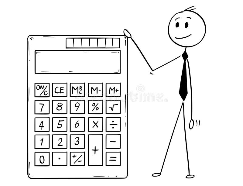 Desenhos animados da calculadora eletrônica de Standing With Big do homem de negócios ilustração stock Desenhos animados da calculadora eletrônica de Standing With Big do homem de negócios ilustração stock