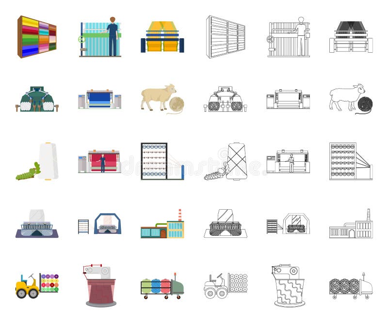Desenhos animados da ind?stria t?xtil, ?cones do esbo?o em cole??o ajustada para o projeto Equipamento de mat?ria t?xtil e estoqu ilustração royalty free Desenhos animados da ind?stria t?xtil, ?cones do esbo?o em cole??o ajustada para o projeto Equipamento de mat?ria t?xtil e estoqu ilustração royalty free
