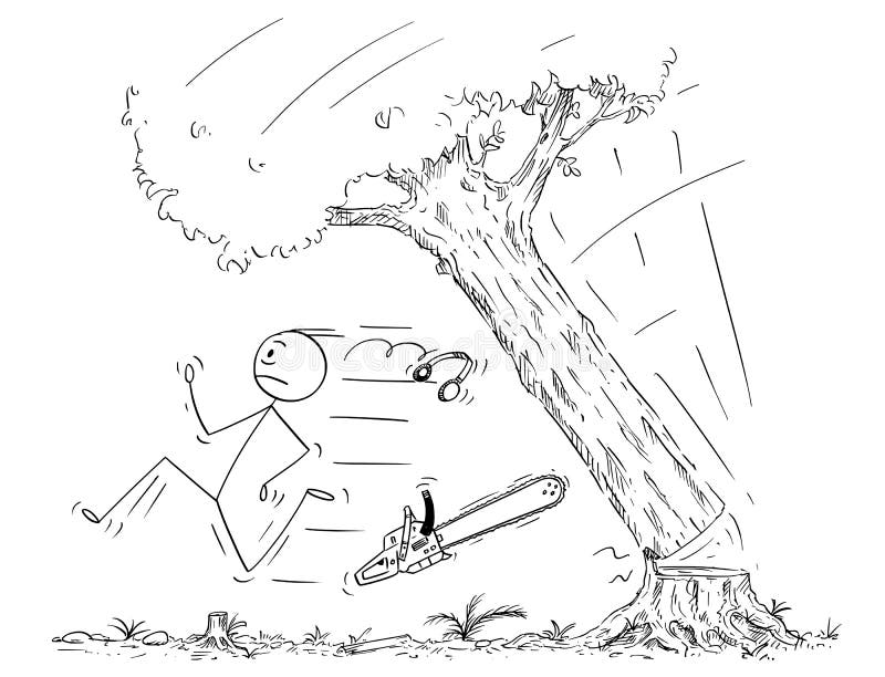 Cartoon stick drawing conceptual illustration of lumberjack running away from falling tree. Metaphor of failure or mistake. Cartoon stick drawing conceptual illustration of lumberjack running away from falling tree. Metaphor of failure or mistake.