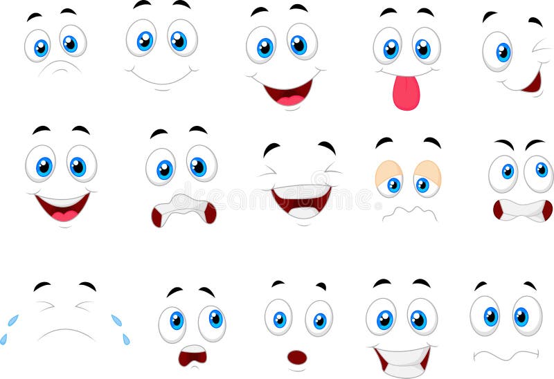 Vetores de Rostos De Desenhos Animados Olhos Expressivos E Boca Sorrindo  Chorando E Surpreso Personagens Rosto