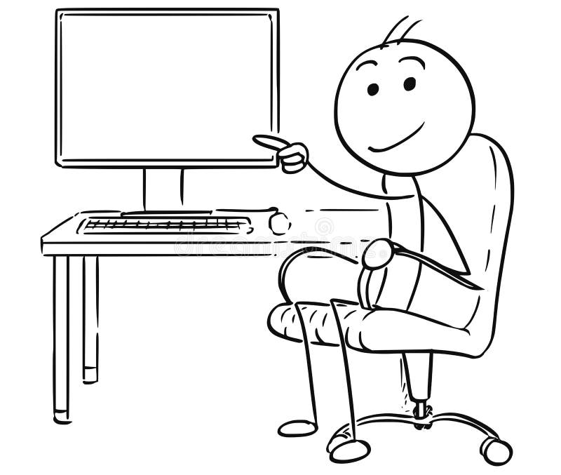Desenhos animados do homem da vara do vetor do homem que apontam no computador vazio