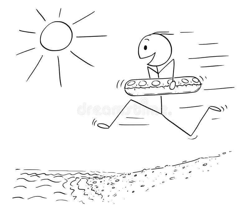 Desenhos animados do homem feliz com nadar Ring Running na praia dentro à água ilustração do vetor Desenhos animados do homem feliz com nadar Ring Running na praia dentro à água ilustração do vetor