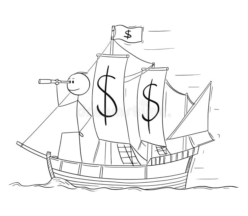 Desenhos animados do homem ou do homem de neg?cios Standing como o capit?o na plataforma da moeda do d?lar do barco de naviga??o ilustração do vetor Desenhos animados do homem ou do homem de neg?cios Standing como o capit?o na plataforma da moeda do d?lar do barco de naviga??o ilustração do vetor