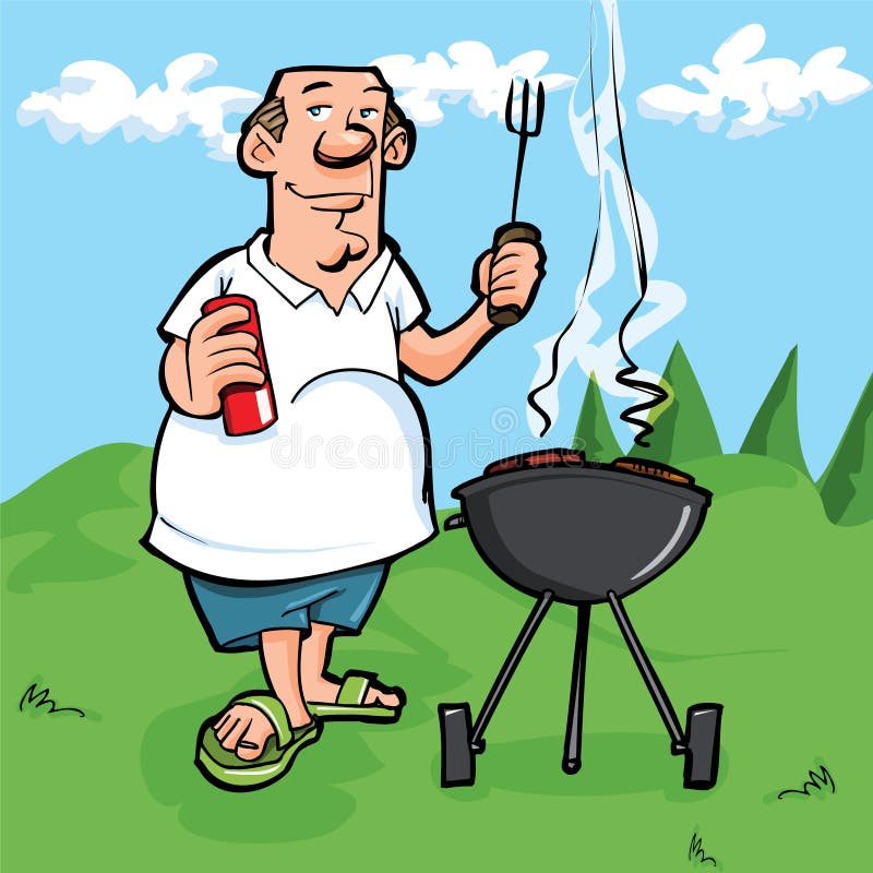 Desenhos animados do homem que tem um BBQ
