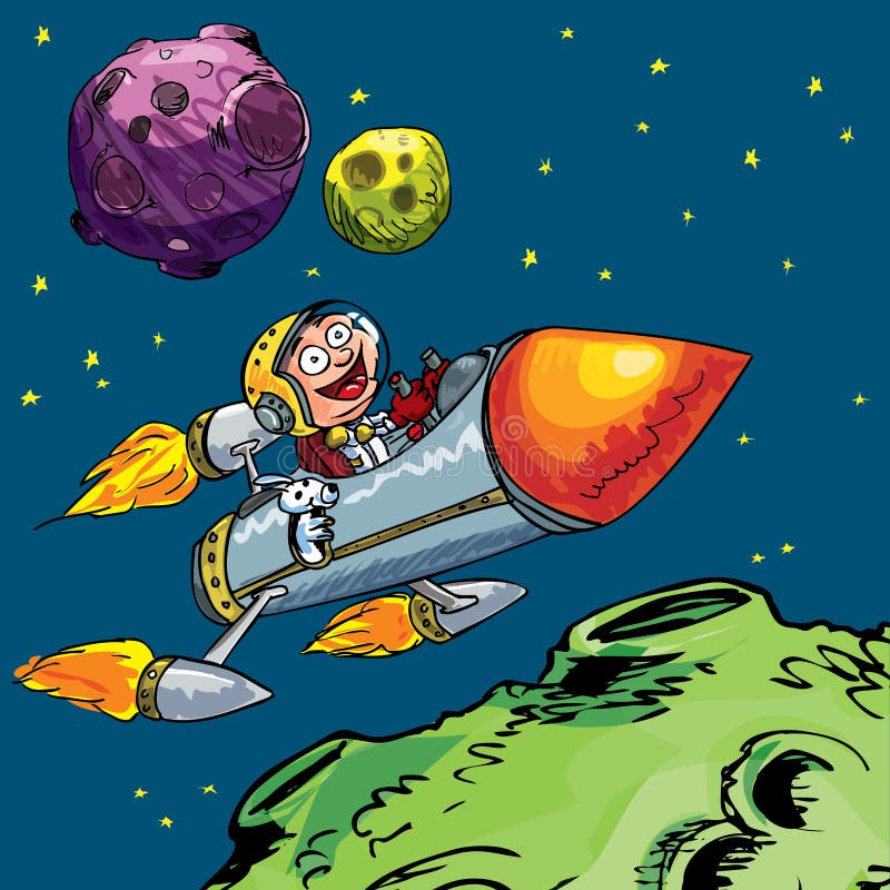Cartoon of little boy in a rocket flying through space. Cartoon of little boy in a rocket flying through space