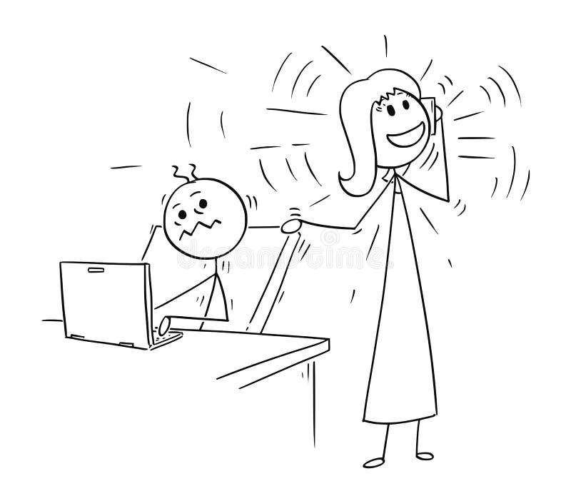 Desenhos animados do trabalhador de escritório perturbados mas do telefone que chama o colega ilustração royalty free Desenhos animados do trabalhador de escritório perturbados mas do telefone que chama o colega ilustração royalty free