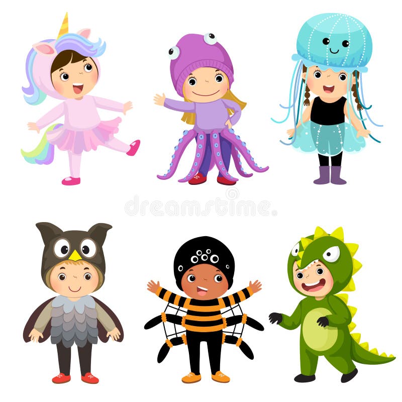 Desenhos animados do vetor de crianças bonitos nos trajes animais ajustados Clo do carnaval