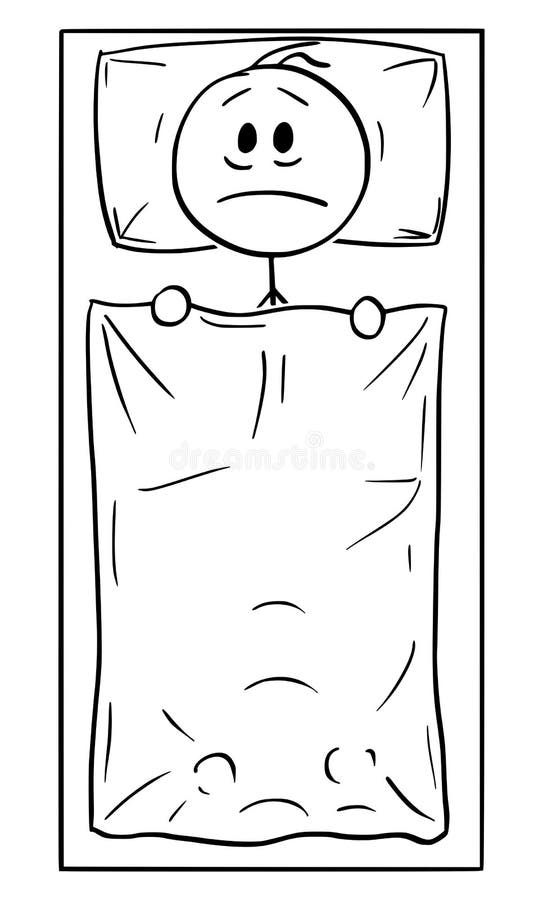Desenhos animados do vetor do homem com o problema que encontra-se apenas na cama