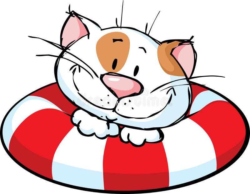 Desenhos animados engraçados do gato no boia salva-vidas - vetor ilustração royalty free Desenhos animados engraçados do gato no boia salva-vidas - vetor ilustração royalty free