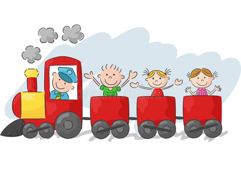 Desenhos animados felizes das crianças em um trem colorido ilustração do vetor Desenhos animados felizes das crianças em um trem colorido ilustração do vetor