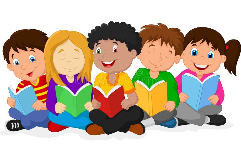 Desenhos animados felizes das crianças que encontram-se no assoalho quando livros de leitura