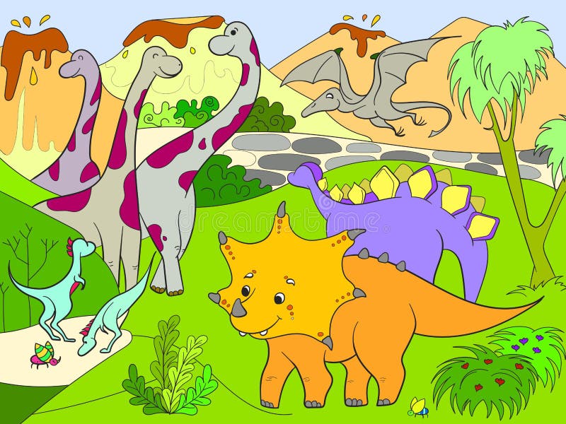 Desenhos animados para dinossauros das crianças na natureza ilustração royalty free Desenhos animados para dinossauros das crianças na natureza ilustração royalty free