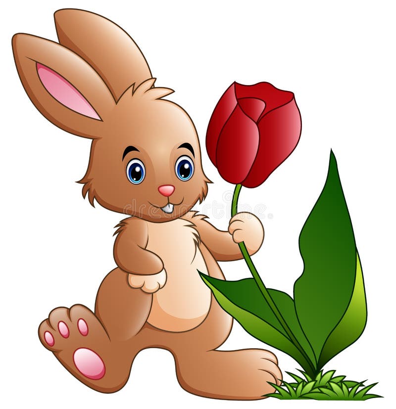 Desenhos animados pequenos bonitos do coelho que guardam uma flor ilustração royalty free Desenhos animados pequenos bonitos do coelho que guardam uma flor ilustração royalty free