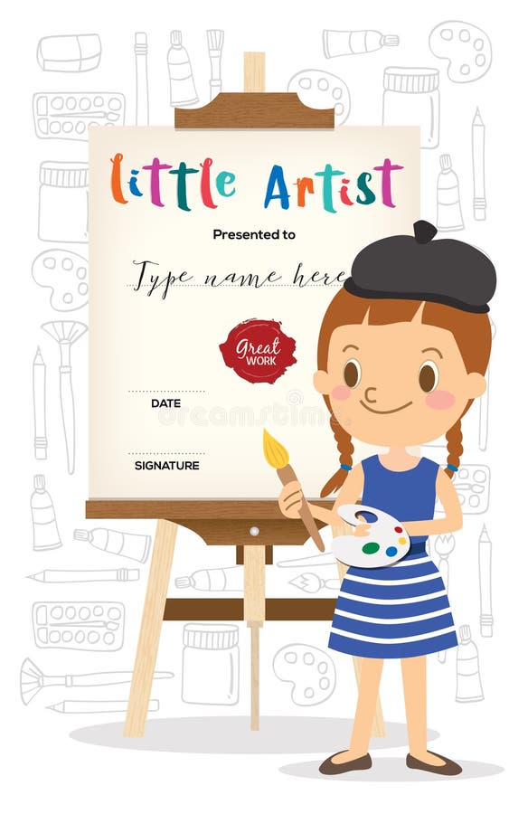 Desenhos animados pequenos do artista que estão na frente da armação de madeira ilustração stock Desenhos animados pequenos do artista que estão na frente da armação de madeira ilustração stock