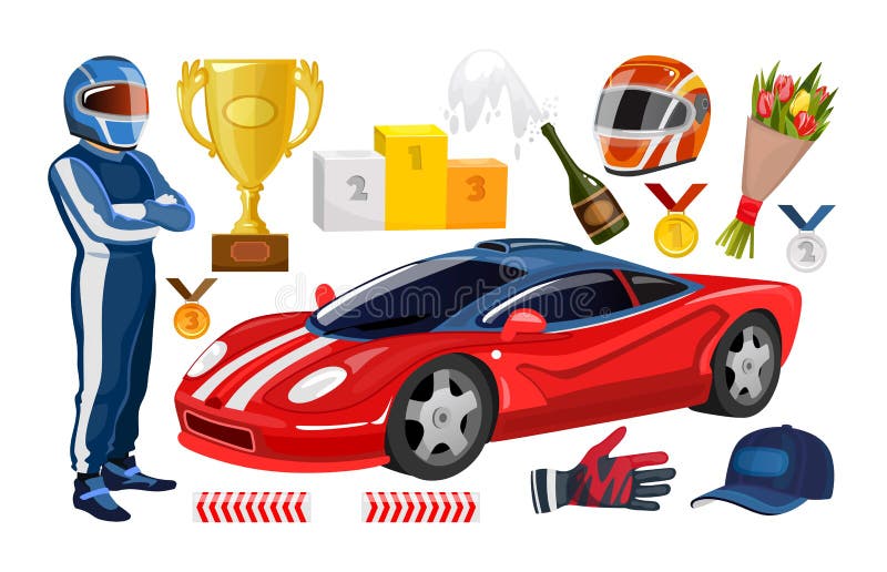 Desenhos animados que competem a coleção dos elementos Copo do vencedor, competindo o capacete, luvas, homem do piloto, medalhas ilustração royalty free Desenhos animados que competem a coleção dos elementos Copo do vencedor, competindo o capacete, luvas, homem do piloto, medalhas ilustração royalty free