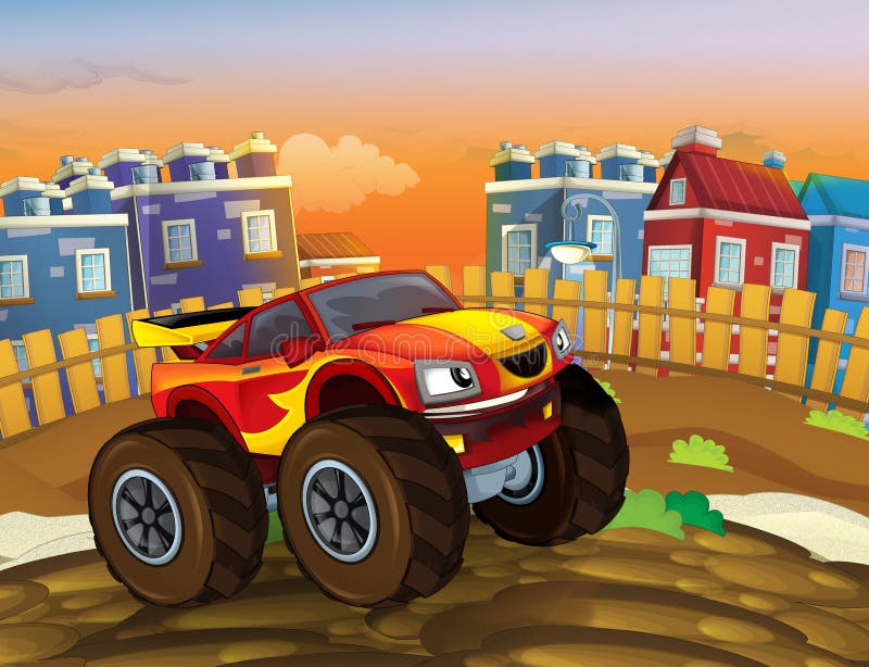 Desenhos Animados Rápidos Fora Do Carro Da Estrada Que Olha Como O Monster  Truck Que Conduz Através Da Cidade Ilustração Stock - Ilustração de fresco,  olhar: 98576769