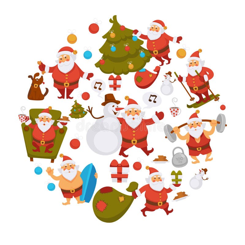 Desenhos animados Santa do ano novo feliz que comemora feriados ou que tem ícones do divertimento do verão do lazer para o projet ilustração stock Desenhos animados Santa do ano novo feliz que comemora feriados ou que tem ícones do divertimento do verão do lazer para o projet ilustração stock