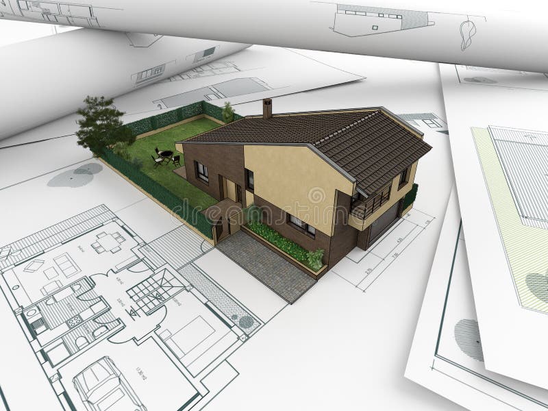 3d house model emerging from architectural drawings. 3d house model emerging from architectural drawings