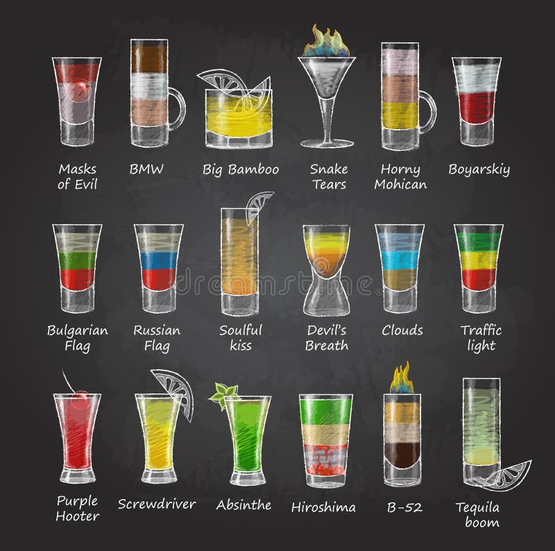 Desenhos de giz Grupo de cocktail do tiro menu ilustração do vetor Desenhos de giz Grupo de cocktail do tiro menu ilustração do vetor