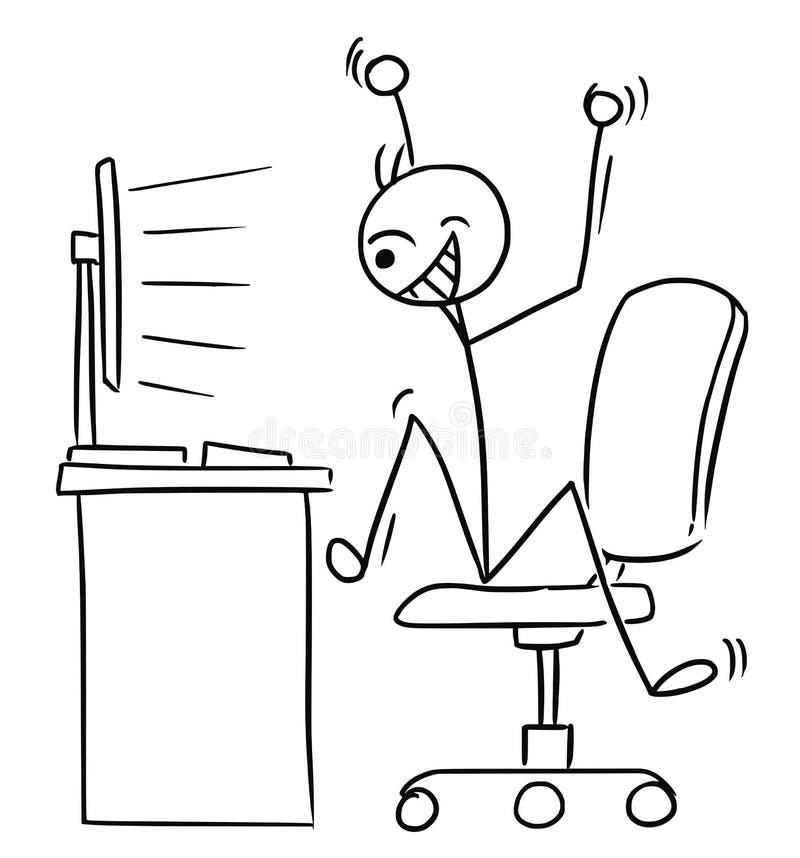 Desenul unui om care se ocupă de un tip foarte fericit, care urmărește ecranul computerului și sărbătorește succesul vector illustration