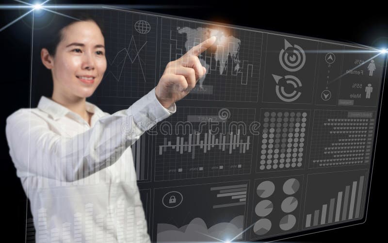 Desenvolvimento de negócios para o conceito de sucesso e planejamento, empresárias apontando o mapa do mundo virtual e o gráfico foto de stock Desenvolvimento de negócios para o conceito de sucesso e planejamento, empresárias apontando o mapa do mundo virtual e o gráfico foto de stock
