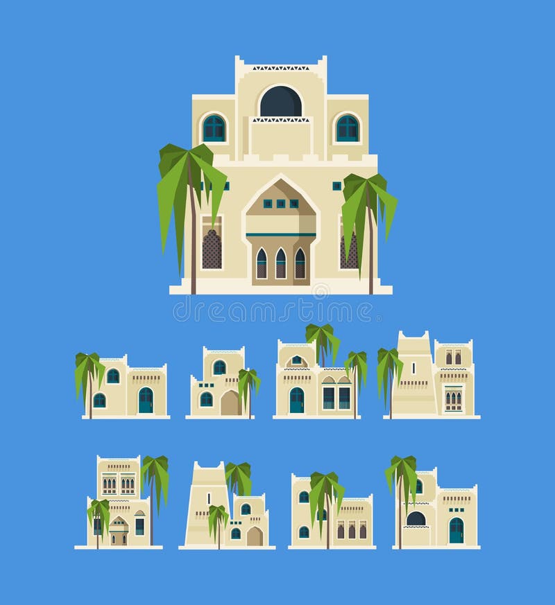 Desert arabic buildings. Egypt antique old traditional houses brick architectural objects old homes vector