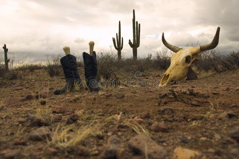 Desierto escena vaquero zapatos a vacas cráneo en fénix,.