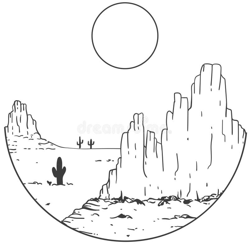 Desert, cacti and sun - landscape in a circle.