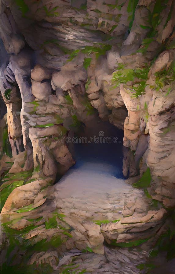 Desert Cave Entrance With A View On A Fantasy Landscape Stock