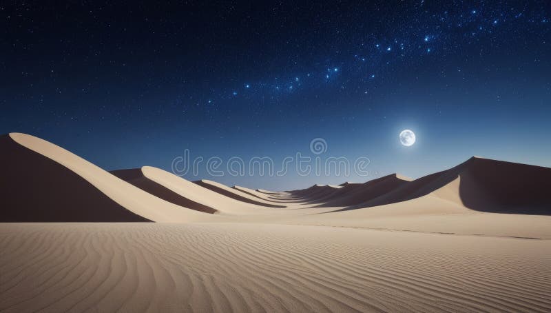 Desert Dunes under ett Starry Night Sky som belysas av månen stock illustrationer
