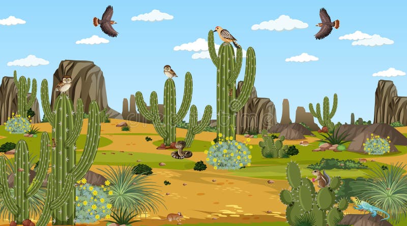 Desert Forest Landscape at Daytime Scene with Desert Animals and Plants Stock Vector - Illustration of outside, dunes: 222044618 Desert Forest Landscape at Daytime Scene with Desert Animals and Plants Stock Vector - Illustration of outside, dunes: 222044618