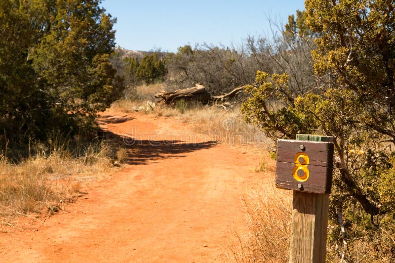 Desert hiking trail and distance marker sign post