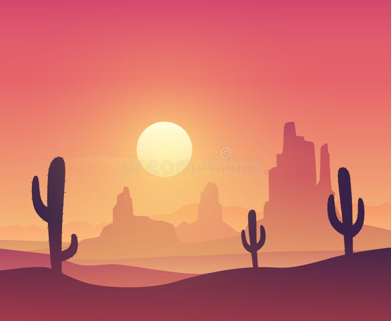 Desert Landscape With Cactus Silhouette Stock Vector Illustration Of Horizon Wilderness 115944841