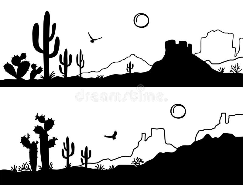 Desert landscape with Cactuses. Arizona desert mountains black silhouette isolated on white. Vector nature horizontal background