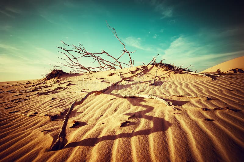 Desert landscape with dead plants in sand dunes under sunny sky