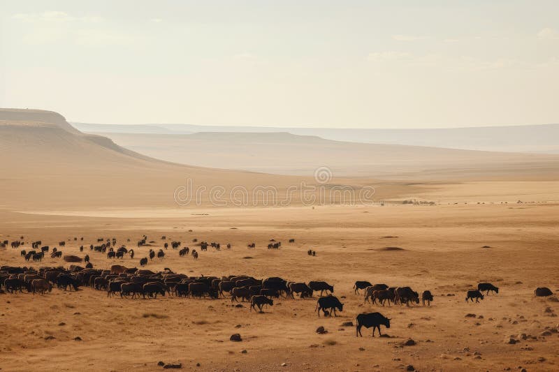desert landscape, with herds of grazing animals in the distance, created with generative ai