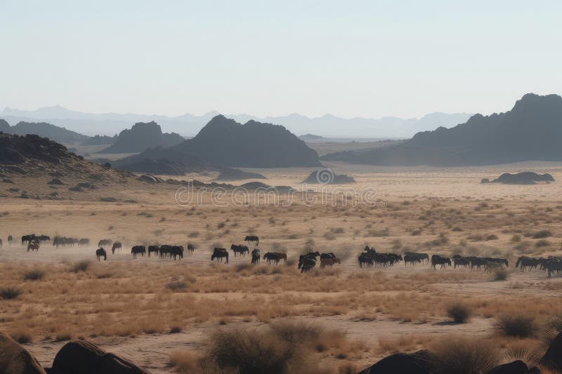 desert landscape, with herds of wild horses roaming freely, created with generative ai