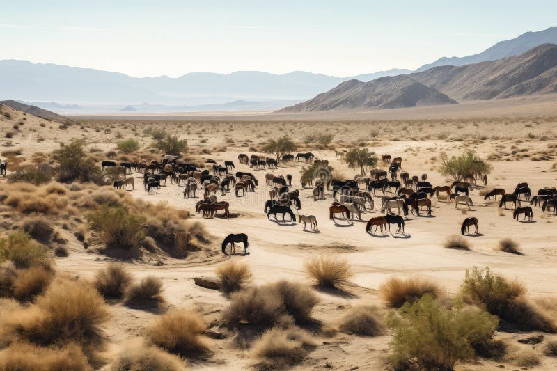 desert landscape, with herds of wild horses roaming freely, created with generative ai