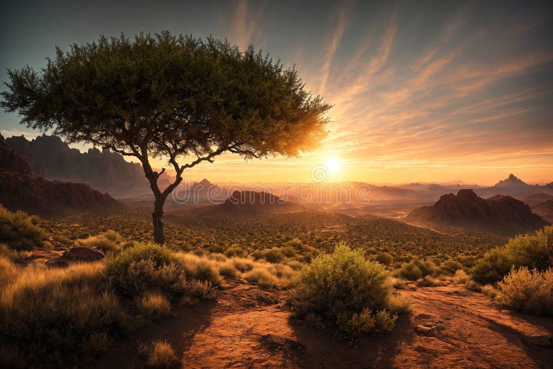 A desert landscape with a tree in the foreground and mountains in the background. royalty free stock image