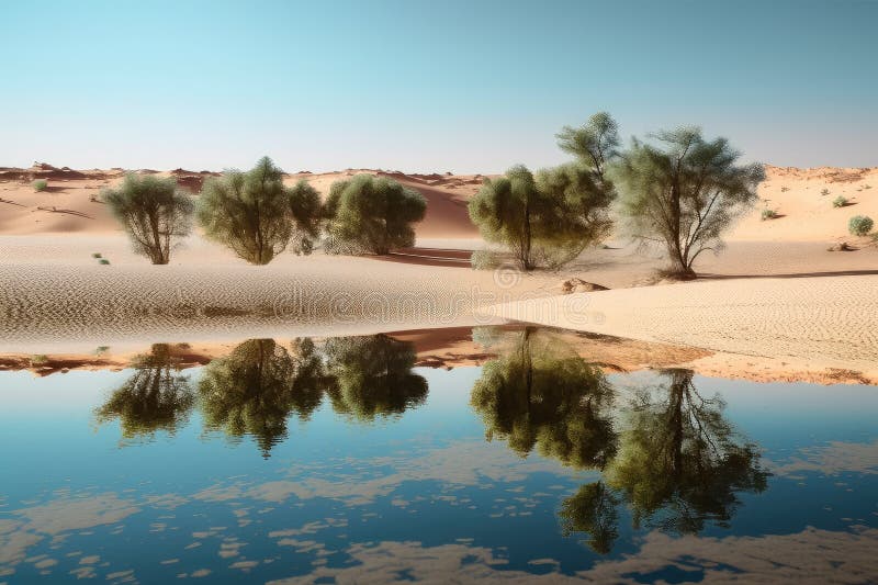Desert mirage with distant oasis, with an optical illusion of water and vegetation vector illustration