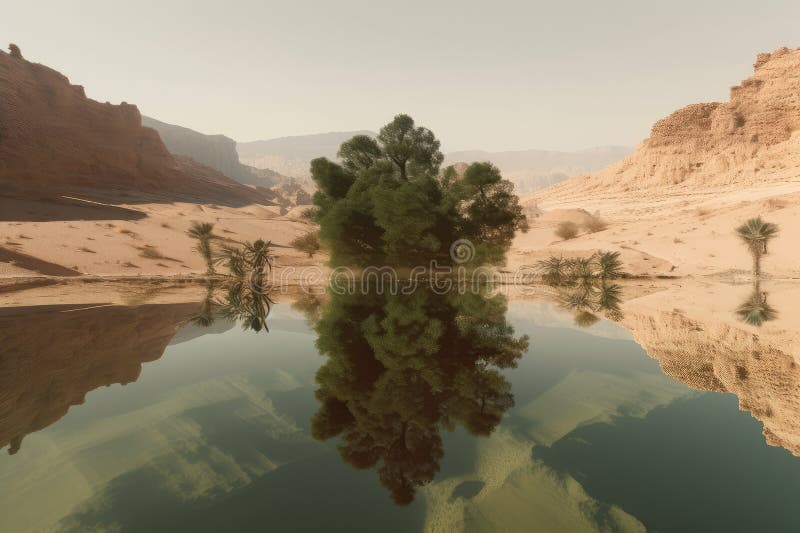 Desert mirage with distant oasis, with an optical illusion of water and vegetation vector illustration