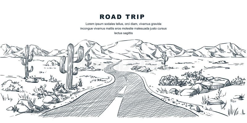 Desert and mountains road landscape. Vector sketch illustration. Nature environment and travel hand drawn background