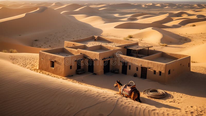 Desert Oasis : Kamelruhen nahe dem traditionellen Adobe House in Sahara Dunes lizenzfreie abbildung
