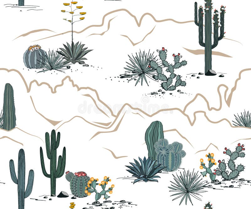 Desert seamless pattern with mountains, blooming cacti, opuntia, and saguaro. Vector background.